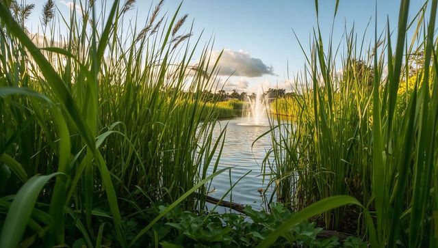 Sunlit fountain rippling across landscaped pond framed by tall reeds at golden hour