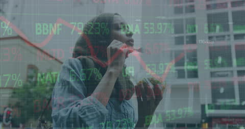 Woman Utilizing Smartphone in Urban Graphical Financial Overlay