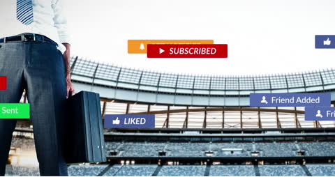 Businessman Navigating Social Media in Sports Stadium