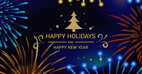 Festive Holiday Greeting Design with Fireworks and Christmas Tree