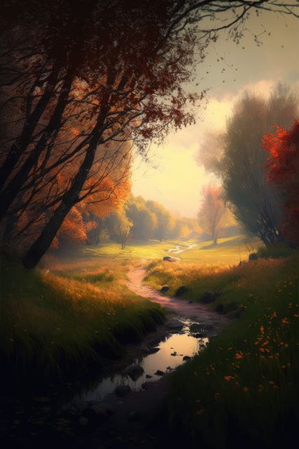 Scenic view of a serene autumn stream winding through a forest glade. Emphasis on the warm sunset light casting gentle rays through colorful autumn trees, creating a tranquil and idyllic setting. This can be used for promoting fall travel destinations, seasonal greeting cards, nature calendars, and tranquil scene compilations.