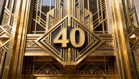 Ornate art deco building entrance number 40 bronze geometric plaque reflecting sunlight