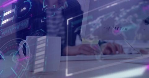 White ceramic coffee mug on desk with businesswoman typing and futuristic hud data overlays