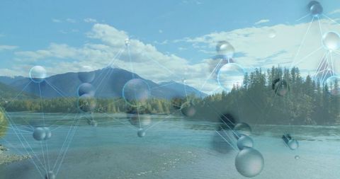 Digital Molecular Network Against Scenic Mountain Landscape