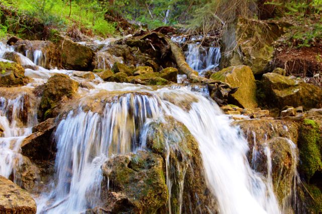 Water is flowing over moss-covered rocks in a lush, green forest, creating a serene and tranquil scene. This image is perfect for promoting outdoor adventures, mindfulness retreats, environmental initiatives, or any content related to nature and relaxation.