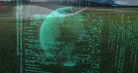 Hovering Teal Hologram Globe Projecting Wireframe Grids and Code Columns Over Meadow