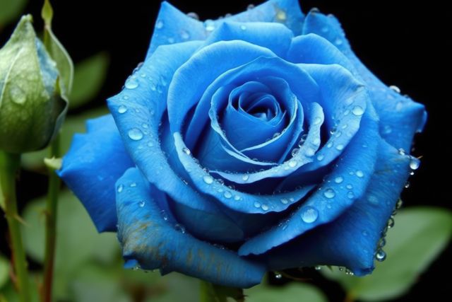 A vibrant blue rose glistens with water droplets, set against a dark background. Its rare color and dewy petals make it a captivating subject for floral photography.