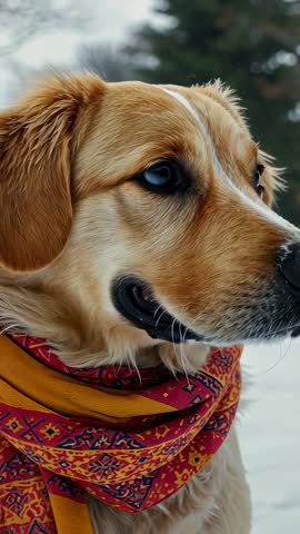 Golden Retriever tilting head and gazing in snowy yard wearing colorful winter scarf