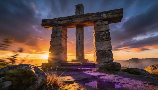 Ancient stone gateway casting golden sun rays over misty mountain summit at dusk