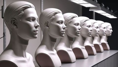 Row of female mannequin busts in industrial setting, talking heads concept