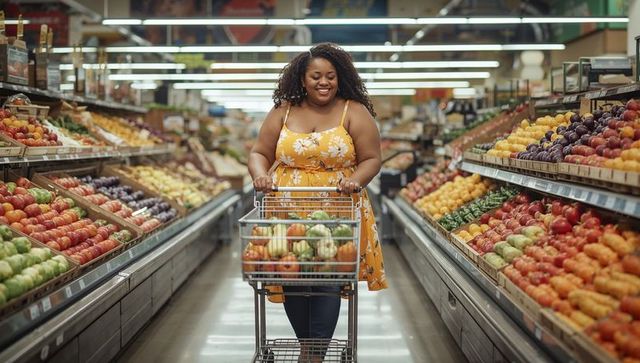 Smiling woman pushing grocery cart down vibrant produce aisle with fresh fruit