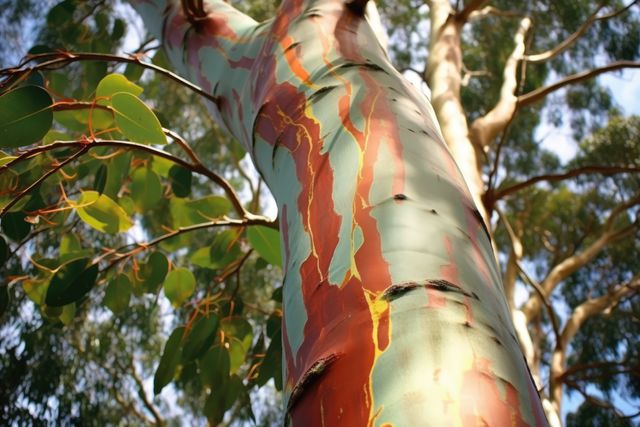 A colorful eucalyptus tree trunk stands out in natural light. Its multicolored bark peels away to reveal a vibrant, textured surface.