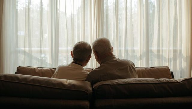 Backlit senior couple sitting on sofa leaning heads together by sheer-curtained window
