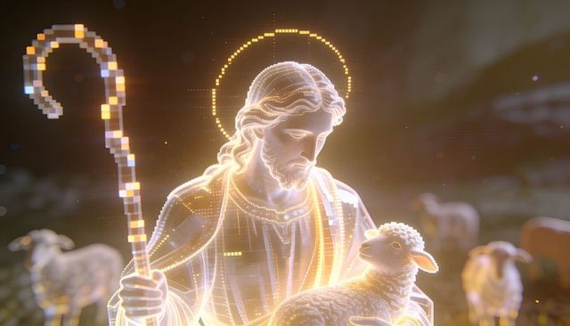 Glowing digital shepherd cradling lamb with pixel crook and radiant halo in pastoral night
