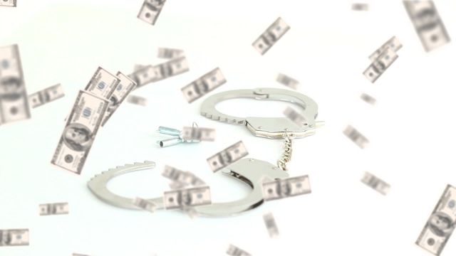 Creative depiction of crime and finance theme with handcuffs surrounded by falling cash. Ideal for illustrating concepts of financial crime, corruption, or justice matters in media collateral, blog articles, and educational purposes.