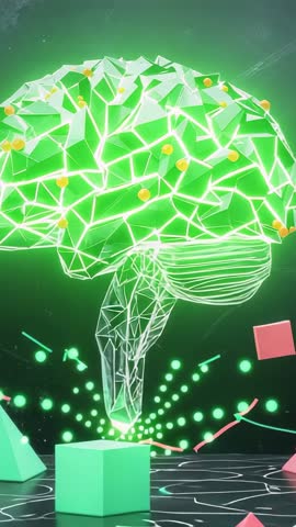 Mint Cube Sending Green Beams Activating Wireframe Brain Mesh — Futuristic Vertical Video