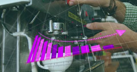 Barista Operating Espresso Machine with Augmented Reality Sales Growth Chart Overlay