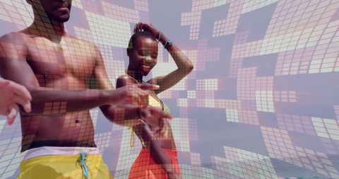 Friends Dancing on Beach with Digital Overlay Design