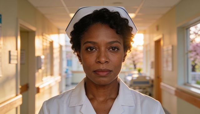 Confident female nurse standing in hospital corridor at golden hour, healthcare portrait