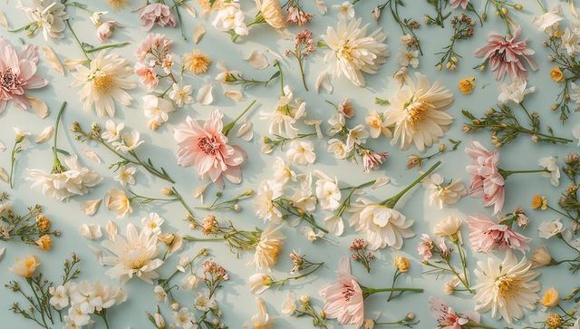 Pastel floral flatlay with soft pink and cream blooms scattered over pale blue background