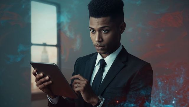 Businessman Analyzing Tablet in Modern Office Environment