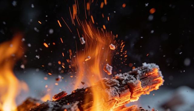 Crackling charred log sending glowing embers and sparks into snowy night campfire close-up