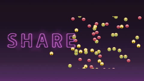 Neon Share Text with Emoji Explosion on Purple Background