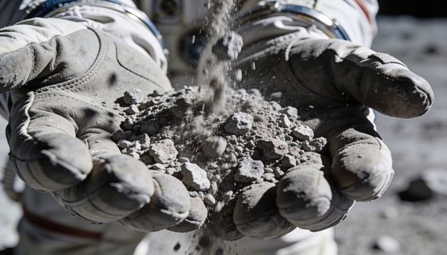 Astronaut gloves holding and releasing lunar regolith on moon surface, closeup textured dust
