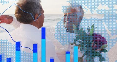 Senior couple embracing on seashore holding bouquet with blue data and analytics overlay