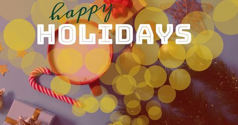 Festive christmas decorations with coffee and ornaments overlay