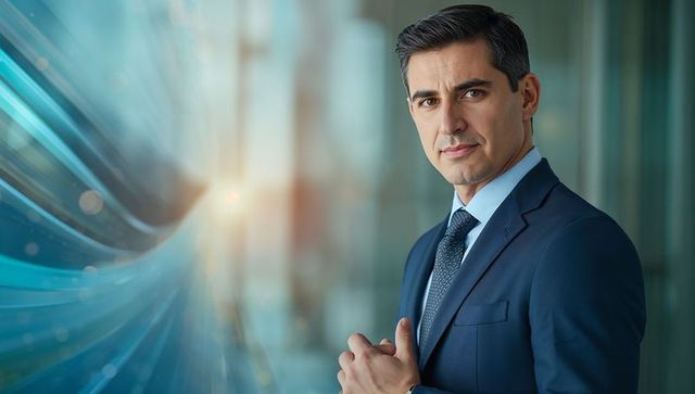 Confident Corporate Executive Wearing Navy Suit and Patterned Tie in Modern Glass Lobby