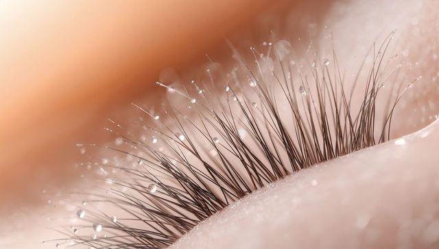 Macro closed eyelid with dewy eyelashes glistening in soft warm light and skin texture