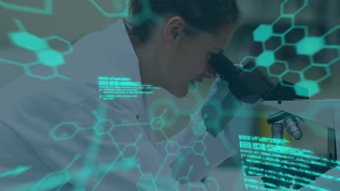 Female Scientist Analyzing Data Through Microscope Technology Visualization