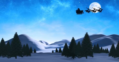Silhouette of Santa With Reindeer Over Moonlit Winter Landscape