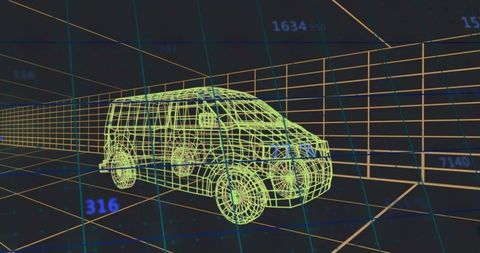 Wireframe passenger van navigating neon 3D grid tunnel with numeric data overlays
