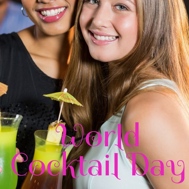 Two female friends enjoying a night out at the bar, celebrating World Cocktail Day. They are smiling and holding vibrant cocktails, creating an energetic and festive atmosphere. Perfect for use in articles or posts about celebrations, nightlife, holidays, and social events.