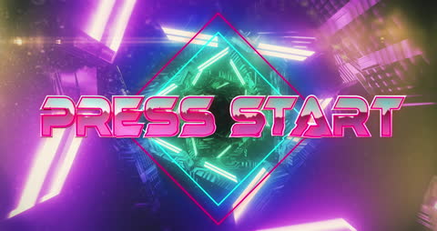 Retrowave Press Start Text Neon Futuristic Tunnel