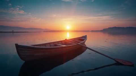 Serene Rowboat on Tranquil Lake During Sunrise