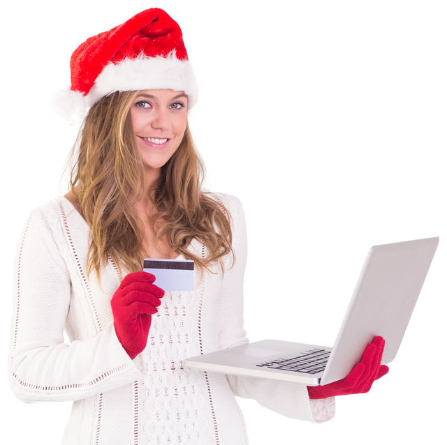 Festive Blonde Woman with Santa Hat and Laptop Shopping Online with Credit Card - Transparent - Download Free Stock Videos Pikwizard.com