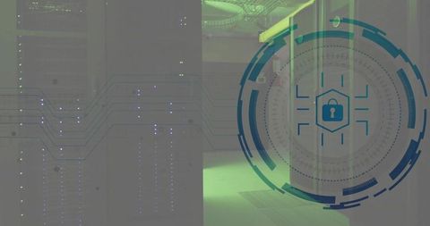 Futuristic datacenter corridor projecting cybersecurity padlock overlay protecting server racks