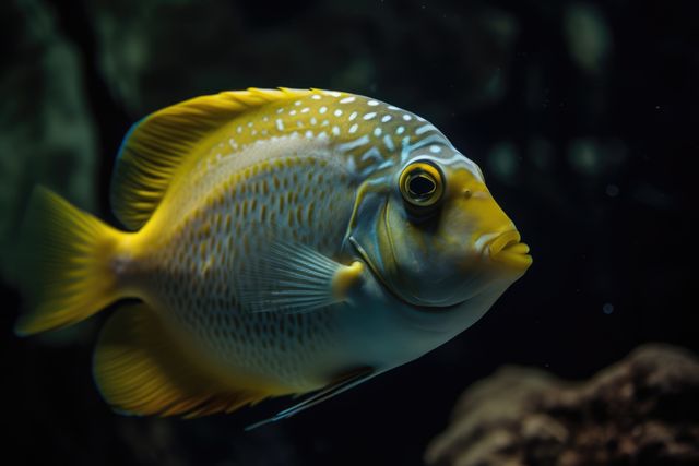 Close-up image of a vibrant yellow fish swimming in an aquarium, highlighting detailed scales and natural beauty against a dark, blurred background. Ideal for use in projects related to marine life, underwater photography, aquariums, nature studies, and exotic fish collections.