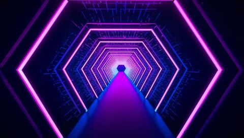 Glowing Neon Hexagonal Tunnel Leading to Bright Portal Futuristic Cyberpunk Corridor