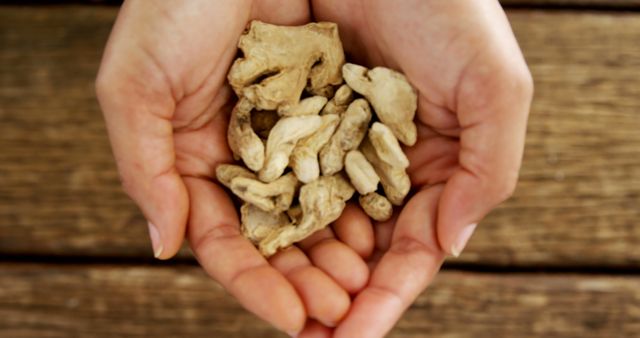 Hands Holding Dried Ginger Roots on Wooden Background - Download Free Stock Images Pikwizard.com