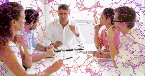 Leading executive guiding team meeting with abstract purple network overlay