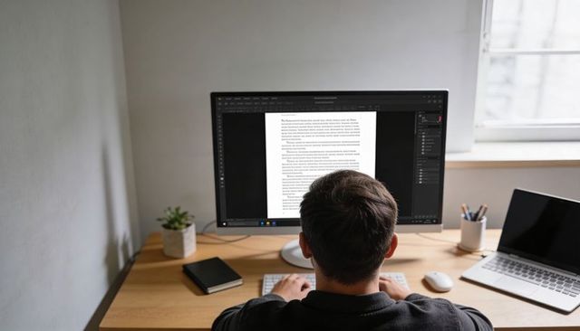 Man typing at widescreen monitor in minimalist home office workspace