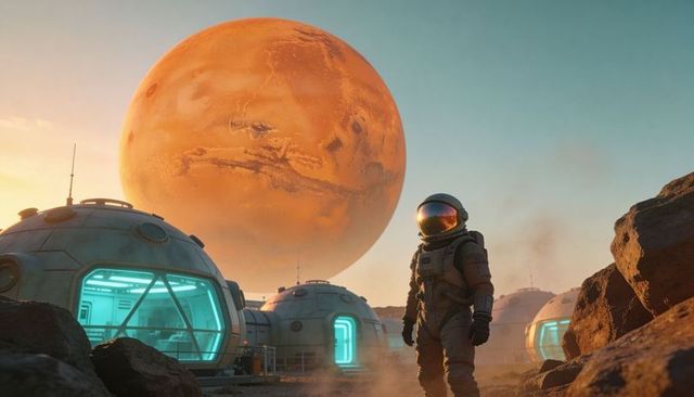 Astronaut surveying futuristic Mars-like colony near teal-lit dome habitats at sunset