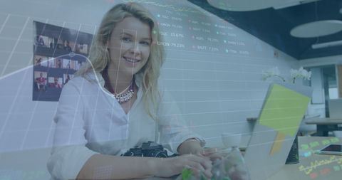 Caucasian Businesswoman Working with Financial Data Hologram in Office