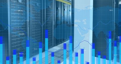 Global data processing overlay with server racks and statistics