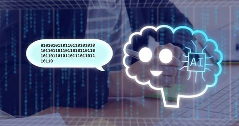 ai brain icon with binary code and laptop on office desk - Download Free Stock Images Pikwizard.com