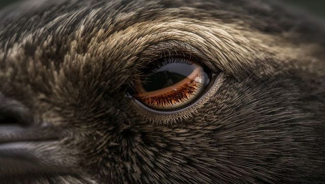 Macro close-up glossy bird eye revealing detailed plumage texture and beak tip